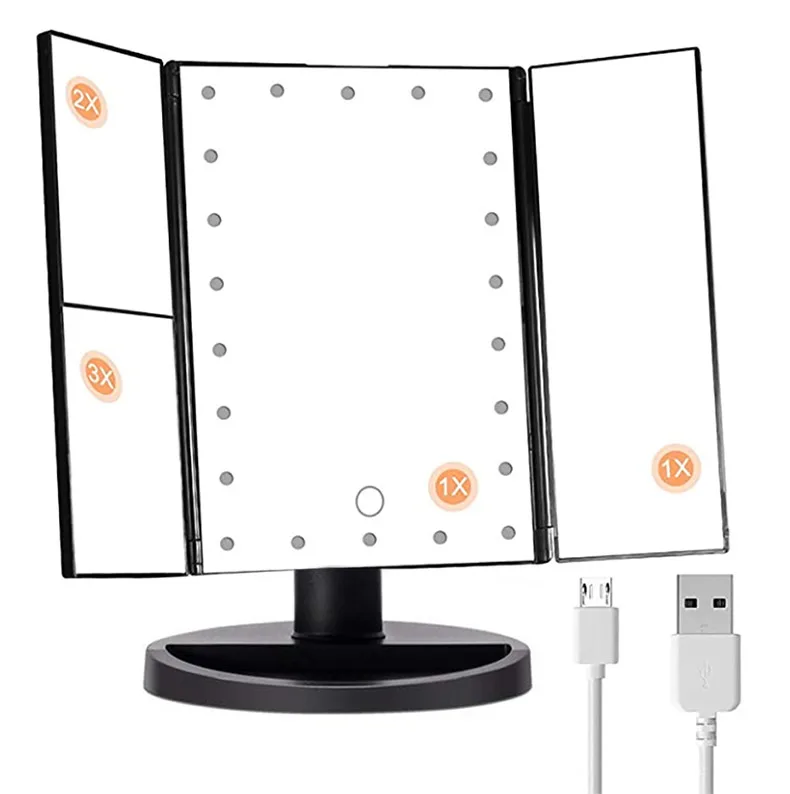 

European Style Simple High Quality New Rechargeable 3 Panel Usb Makeup Mirror For Girls, White/black/rose gold/gold