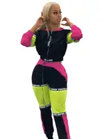 

SAA3068 satin windproof patchwork color hooded short jacket and loose pants two piece casual women sweatsuit set