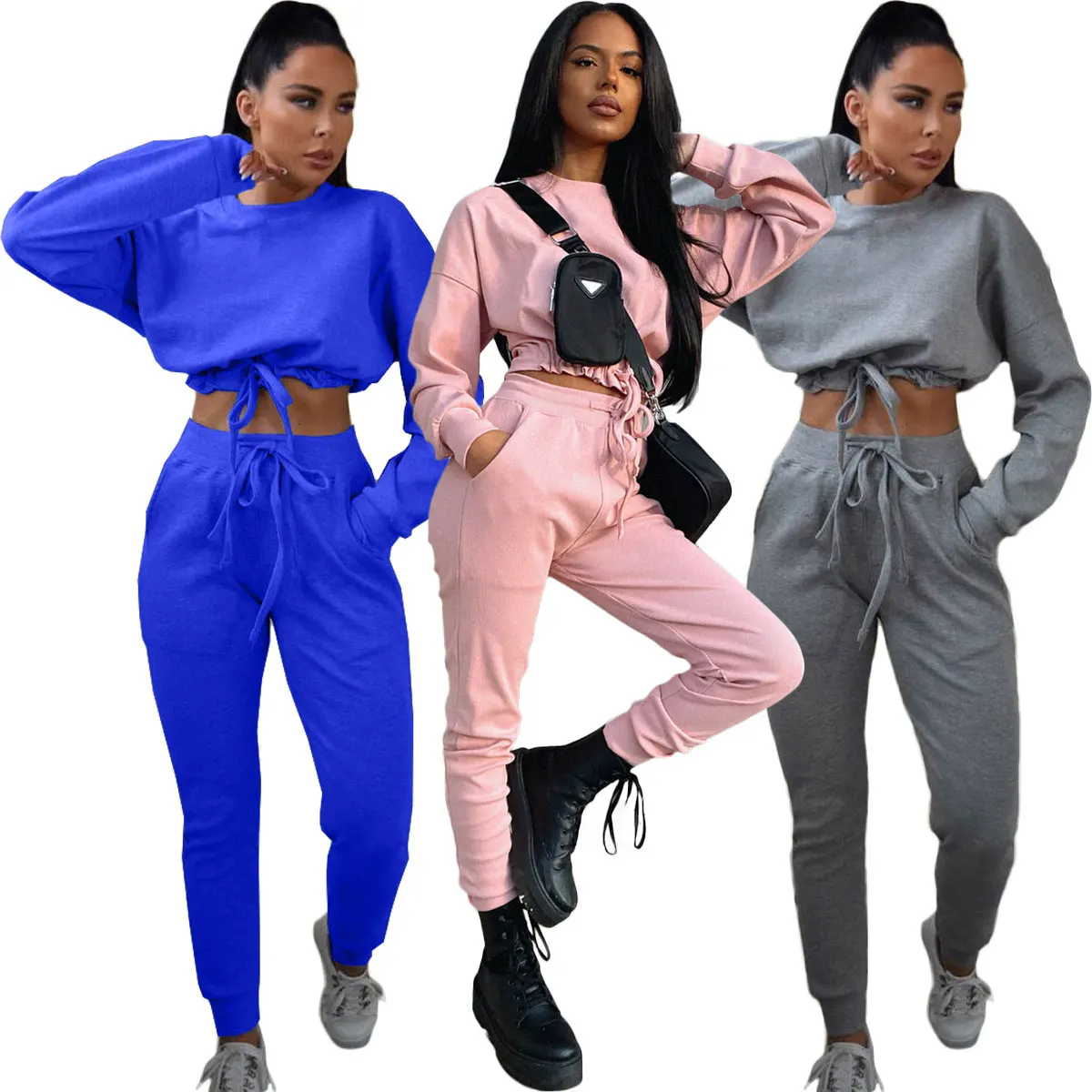 

21105-MX48 crop top two piece pants set Drawstring jumpsuits ladies sehe fashion