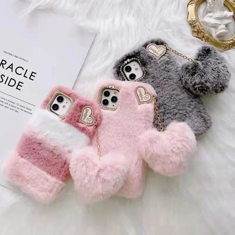 

Cute Plush Case Fluffy Plush Faux Rabbit Fur Protective Case For girl Plush Animal Cover Iphone 7/8 plus xsmax xr 116.1 12promax, Bright colors