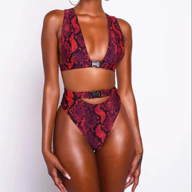 

2021 new arrival Crop-Top Triangle Cup Bikini V-neck Women Swimwear Beachwear Animal print High Waist Bathing suit, Picture