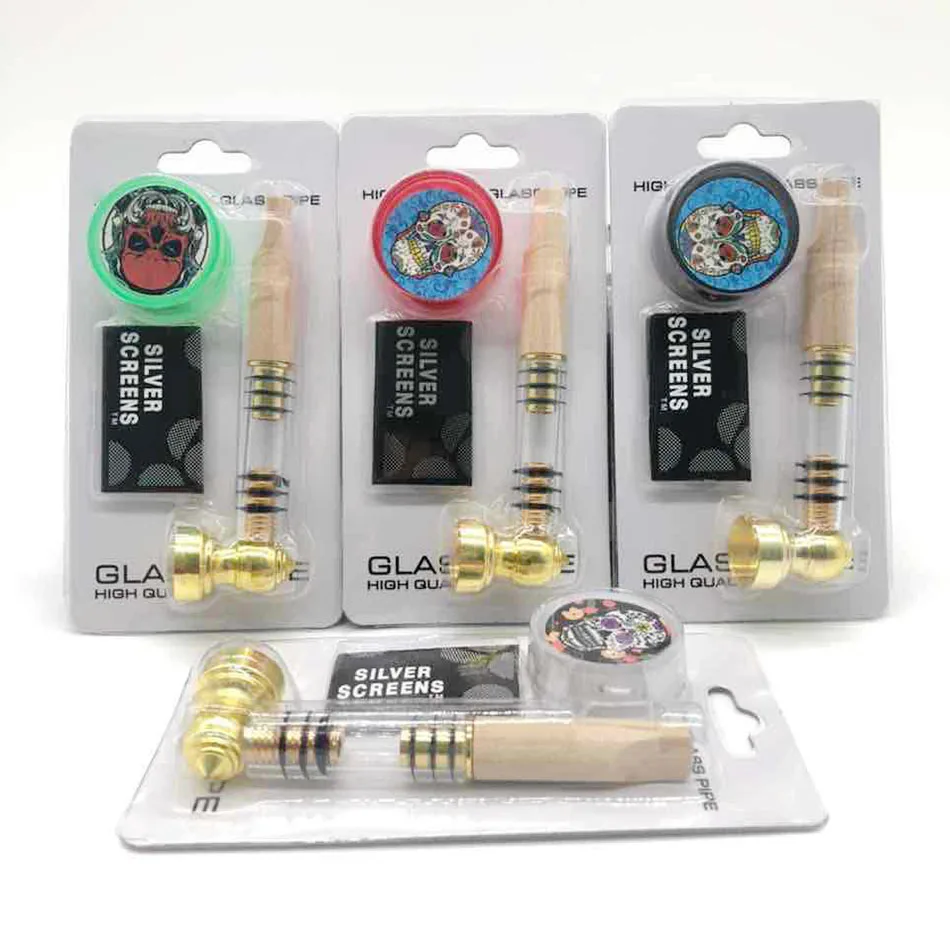 

Gold Color Blister Card Packing Wood Smoking Pipe Smoking Accessories Plastic Herb Grinder Pipe Set