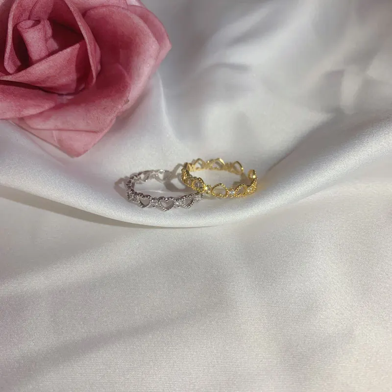 

Dylam Lovely Hollow Heart Shaped Ring Open Silver 925 Gold Plated Sterling Adjustable Rings Women Heart Ring