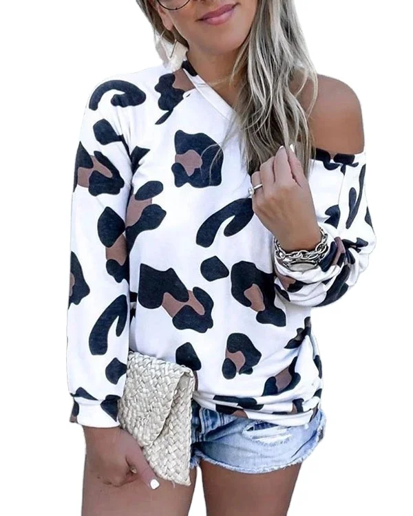 

2021 Fashionable Cute Casual Leopard Short Sleeve Blouse Women Tops off the shoulder t shirt