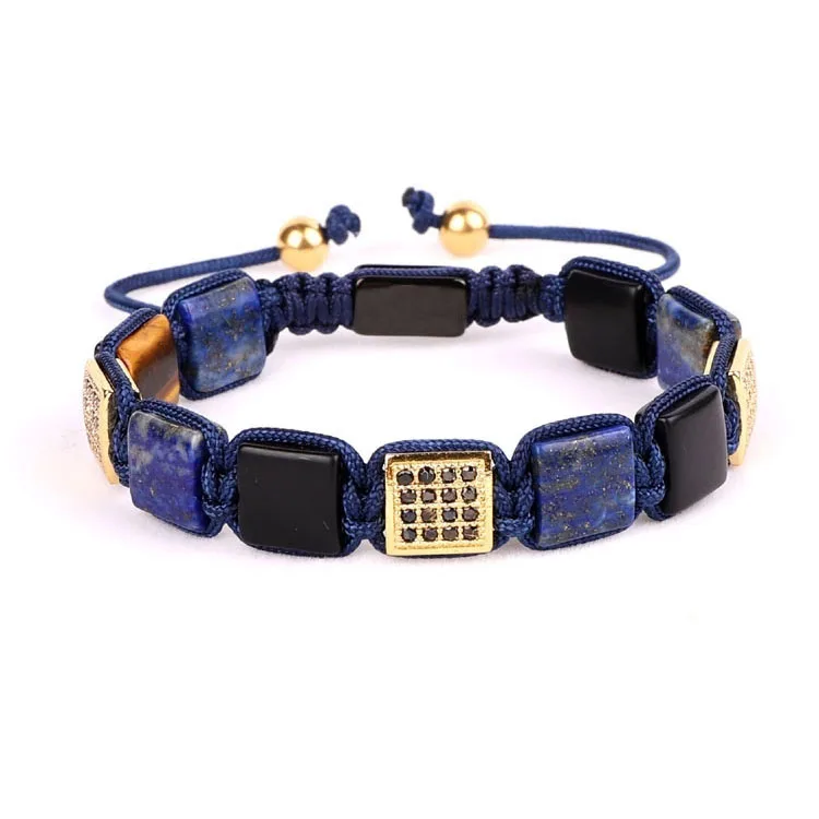 

High Quality Rectangle CZ Pave Charm Square Natural StoneLapis Lazuli Beaded Men Macrame Friendship Bracelet