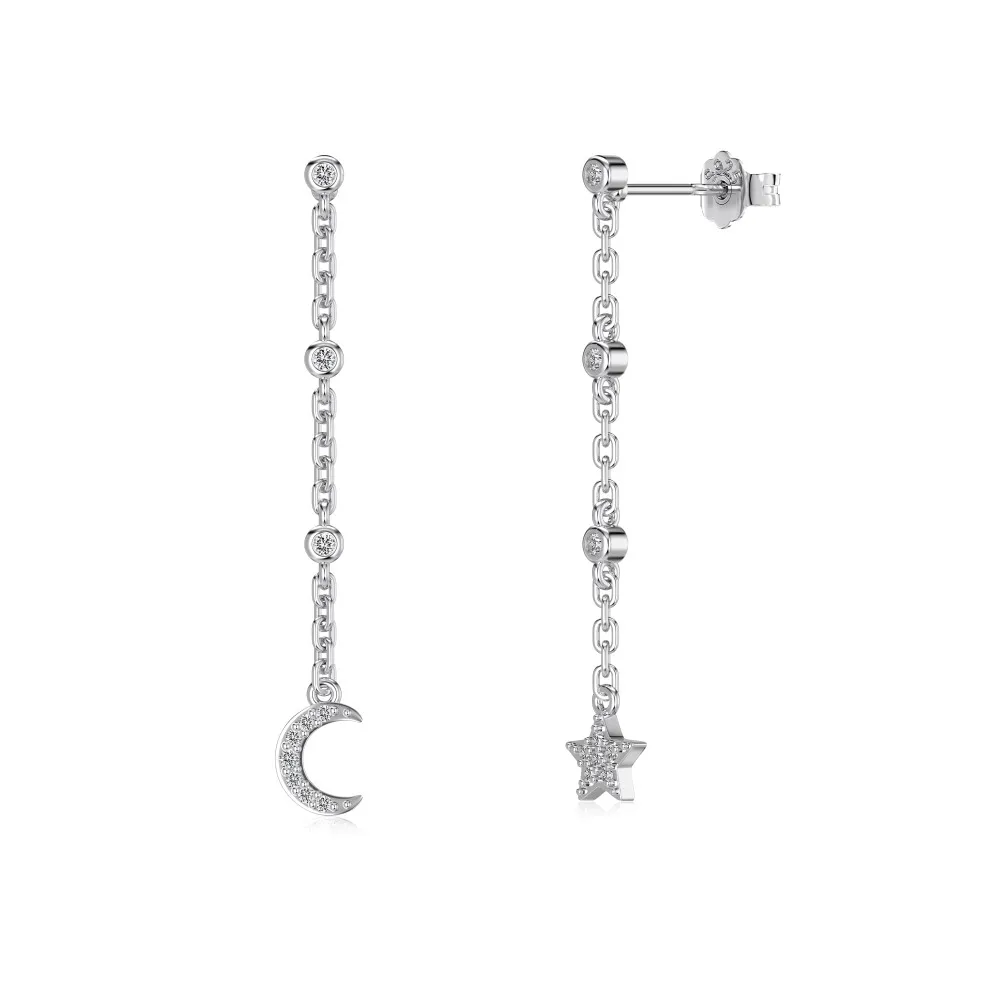 Dylam Trendy Minimalist Design Tarnish Free S925 Silver 5A Zirconia Crescent Star Tassel Dangle Stud Earrings for Women Dress up