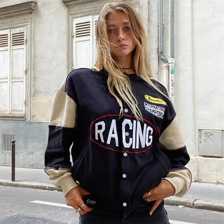 

2021 Hot Winter Casual Ladies Coat Solid Color Letter Embroidery Loose Round Neck Street Women's Overcoat, Picture color