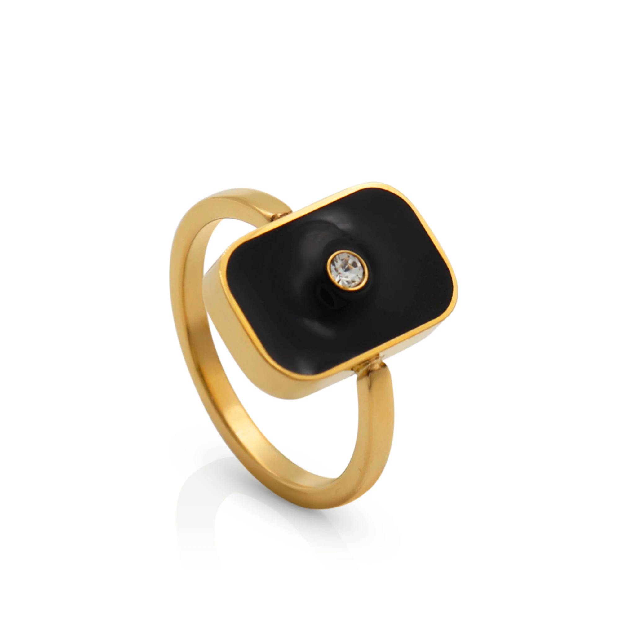 

Chris April in stock dainty jewelry PVD gold plated 316L stainless steel black enamel ring with zircon