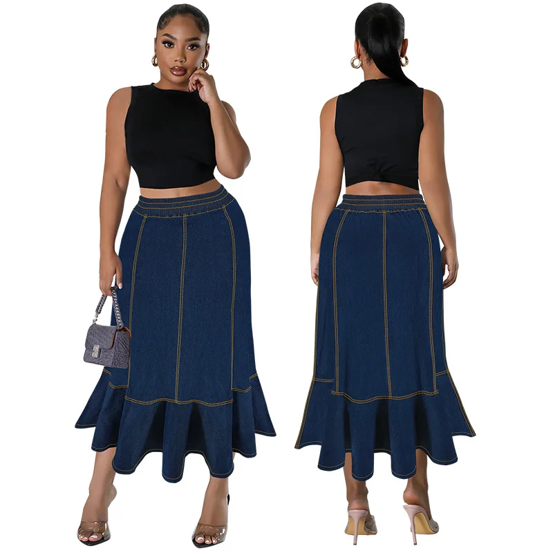 Y218536 Latest Design Plus Size Women Jean Skirt Elastic Waistband Ruffle Long Denim Skirt for Women