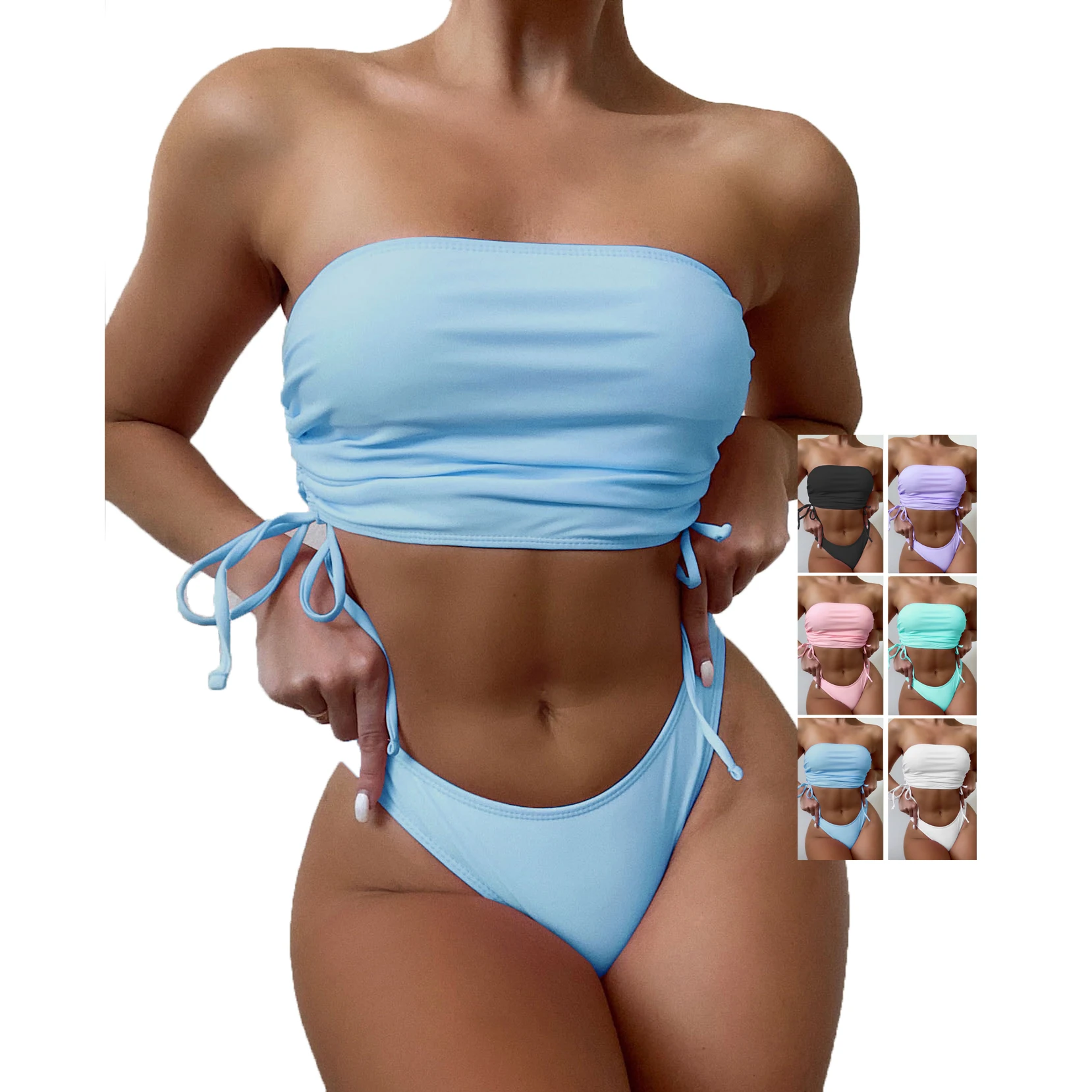 

2021 fashion sexy girls two pieces swimwear set strapless Bandeau Bikini thong women's swimsuit, Blue, black, white, pink, green, purple