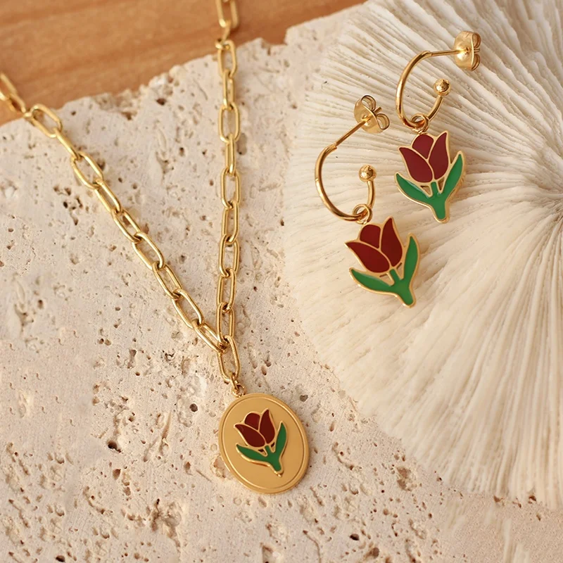 

18k Gold Plated Stainless Steel Enamel Paper Clip Chain Tulip Flower Coin Necklace Jewelry for Woman, Gold/silver/rose gold