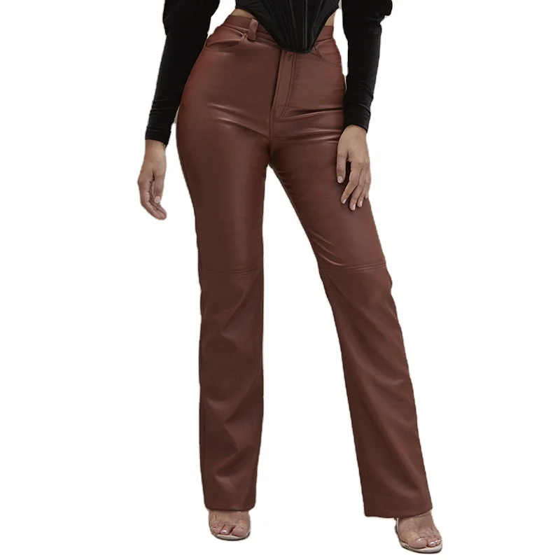 

New style fashion pocket hip-lifting fleece straight wide-leg pants women's PU leather pants