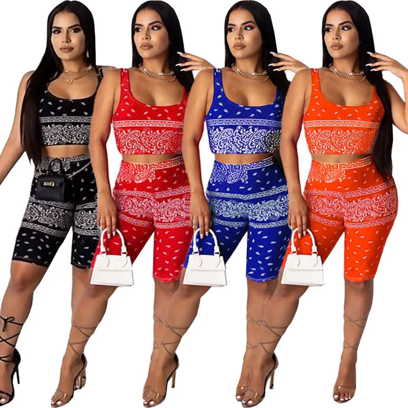 

Stylish Digital Printing Vest Short Pants 2 Piece Set Ladies Summer Crop Top Biker Shorts Two Piece Set, Orange, red, black, blue