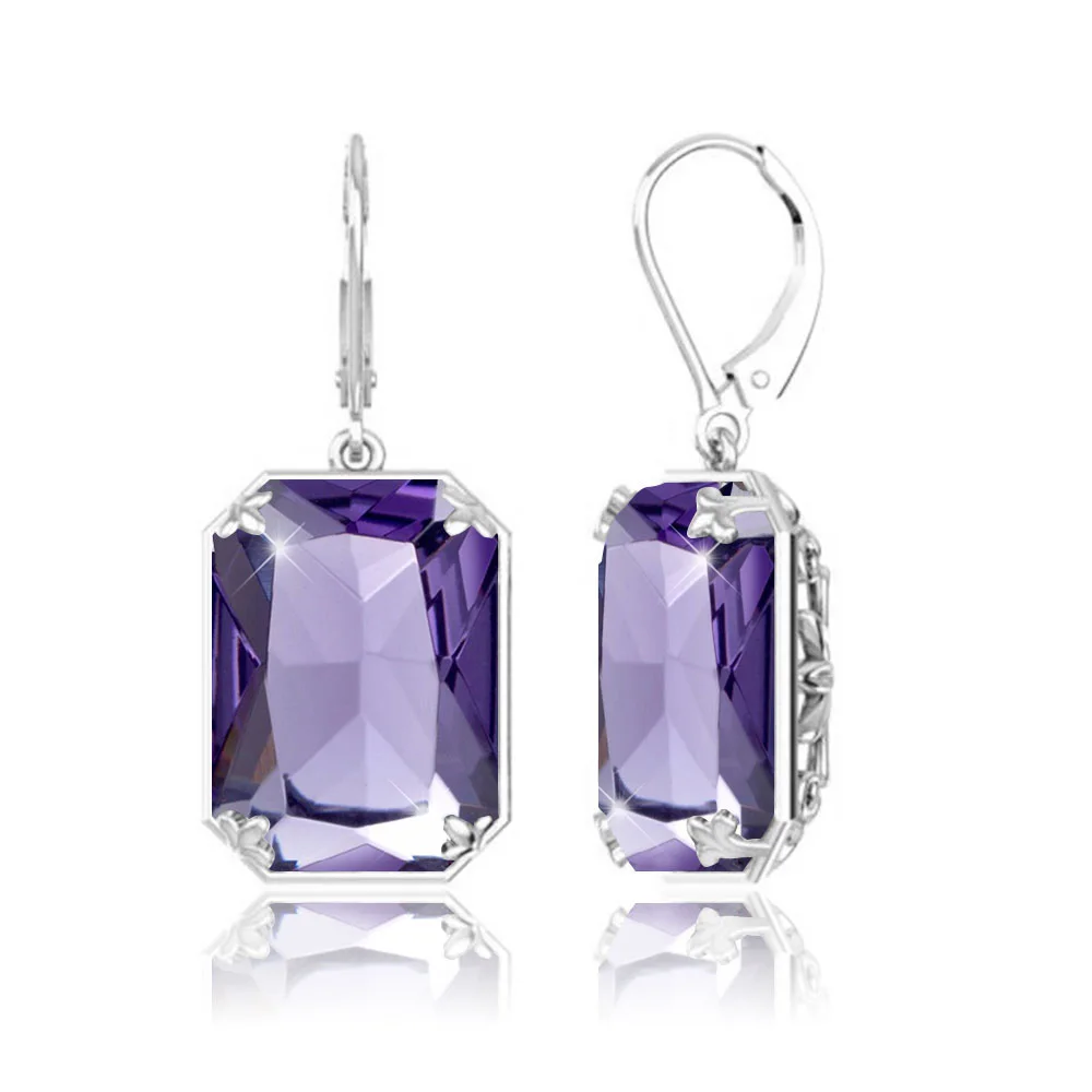 

New 925 Silver Earrings Purple Amethyst Crystal Earrings Women Fashion Gemstone Long Drop Earrings Wedding Gift Fine Jewelry