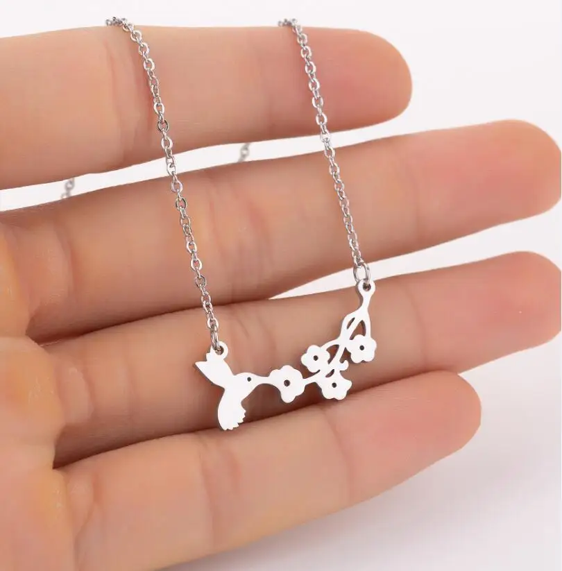 

wholesale intial necklace Jewelry Bird and flower pendant silver gold color cute fashion stainless steel Necklace for women