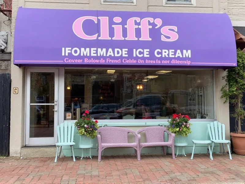 Cliff's Homemade Ice Cream shop exterior with flower boxes and seating
