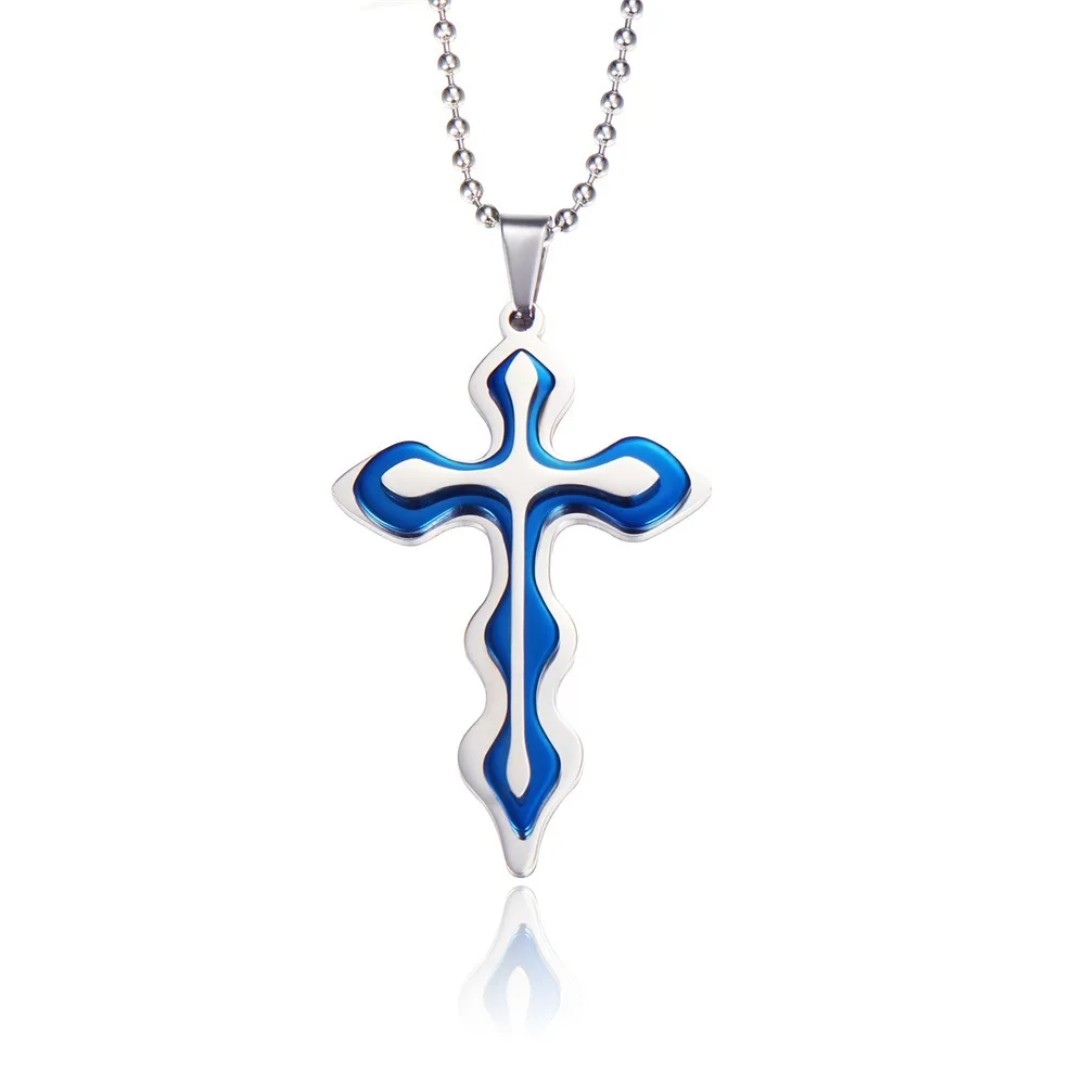 

Retro Three Layer Big Cross Pendant Necklace Water Ripple Stainless Steel Necklace Punk Men's Party Jewelry