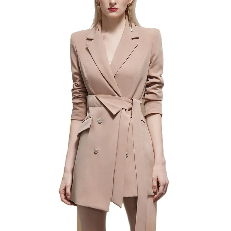 

New Autumn Double Breasted Lapel Belted Pocket Jacket Shoulder Pad Formal Office Blazer Dress, Customized color