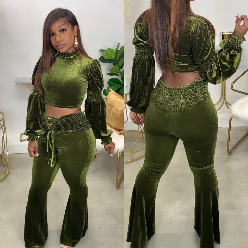 

Best Quality Lantern Sleeve Tops Velvet Two Piece Elastic Waist Flare Pants Suit Set, Green