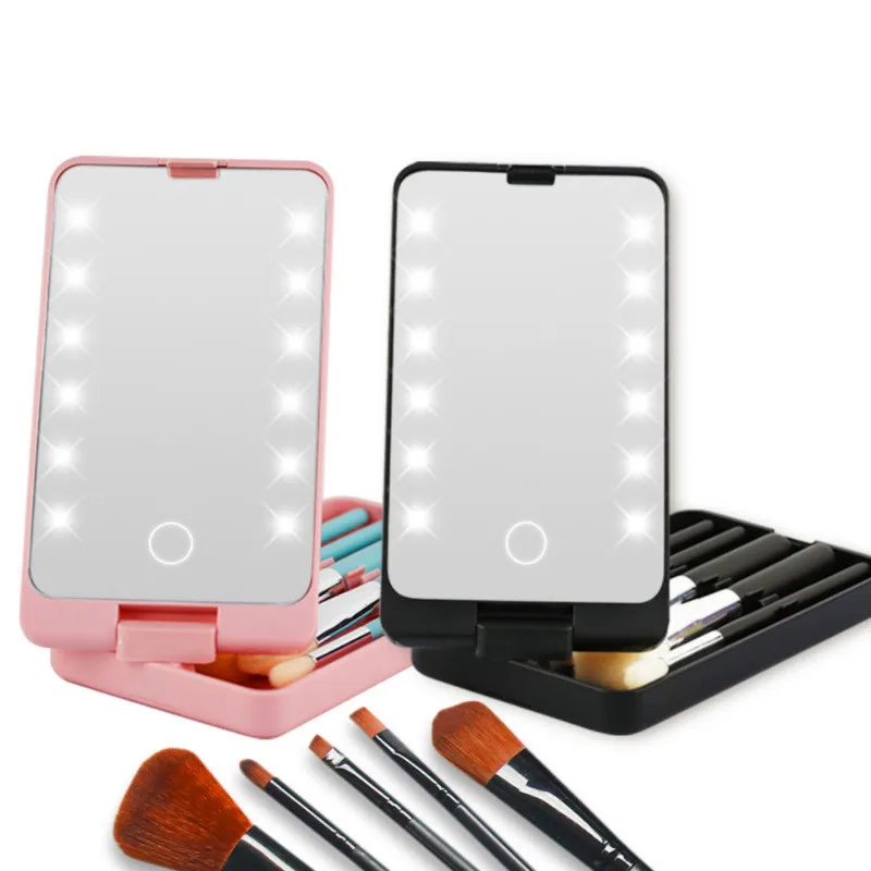 

Travel Led Cosmetics Folding Make up Mirror storage with makeup brushes
