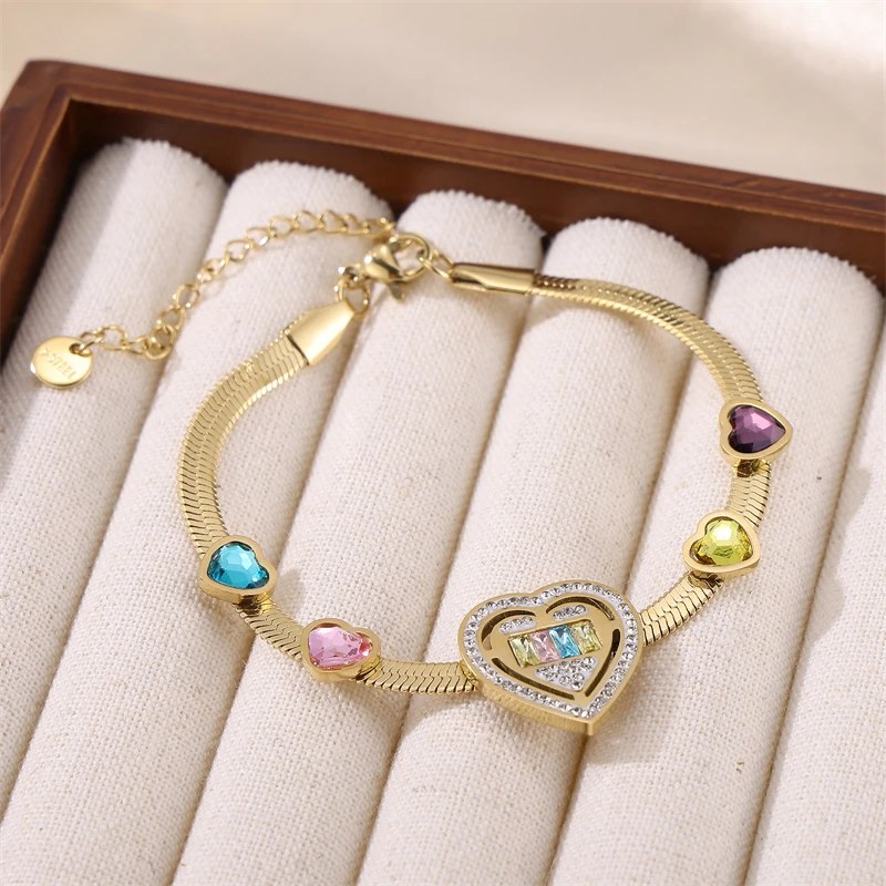 

French fashion 14K gold stainless steel inlaid single diamond green white pink love zircon snake bracelet women jewelry