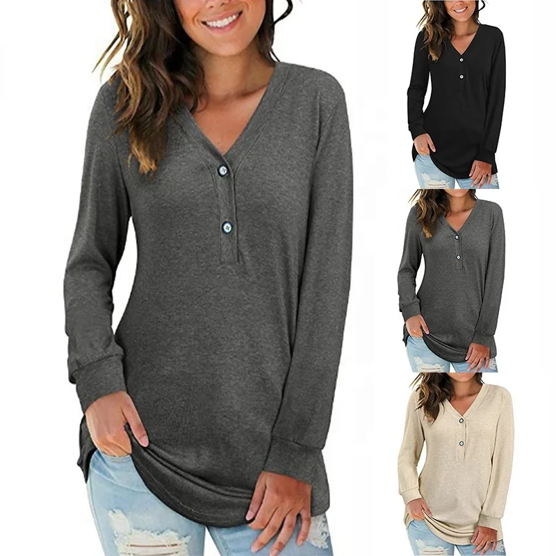 

2021 NEW Design Fashion Solid Color Long Sleeve V-neck Sweatshirt Casual Top Pullover Blouse Shirt