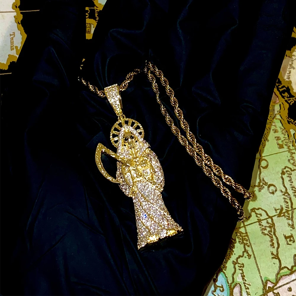 

50% Discount Hiphop Luxury Jewelry Custom Grim Reaper 18k Gold Men Pendant Iced Out Diamond Chain Necklace