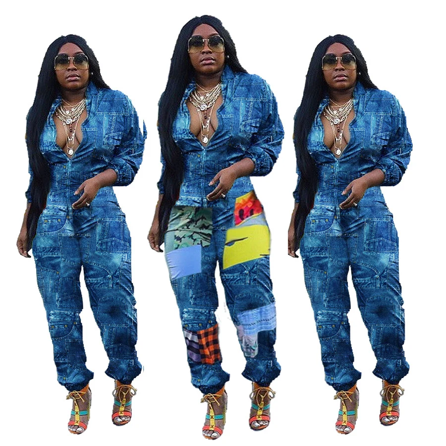 

Fashionable Women's v-neck Long Sleeve Leisure imitations jeans Denim Printing Turn-down Collar Casual 3xl plus size Jumpsuits