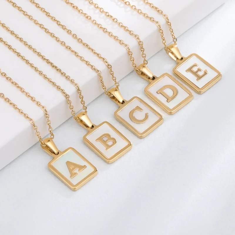 

Hot Sale Alphabet Jewelry 18K Gold PVD Stainless Steel White Shell Square Letter A-Z Initial Pendant Necklace For Women