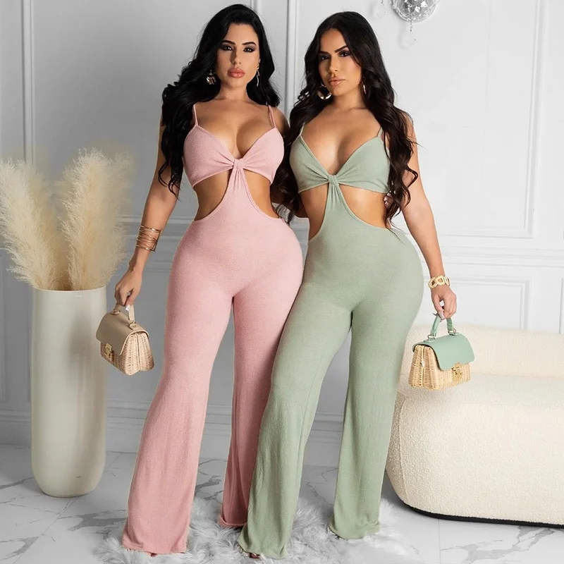 

wholesale fashion sexy casual women suit v neck tank top sleeveless backless hollow out folds solid color two piece pants set