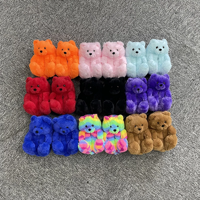 

Bulk Stock Children Cute Winter Slippers Home Cotton Candy Animal Shaped Plush Furry Teddy Bear Slippers For Kids, Red, blue, black, brown, purple, color, leopard, yellow, pink, orange