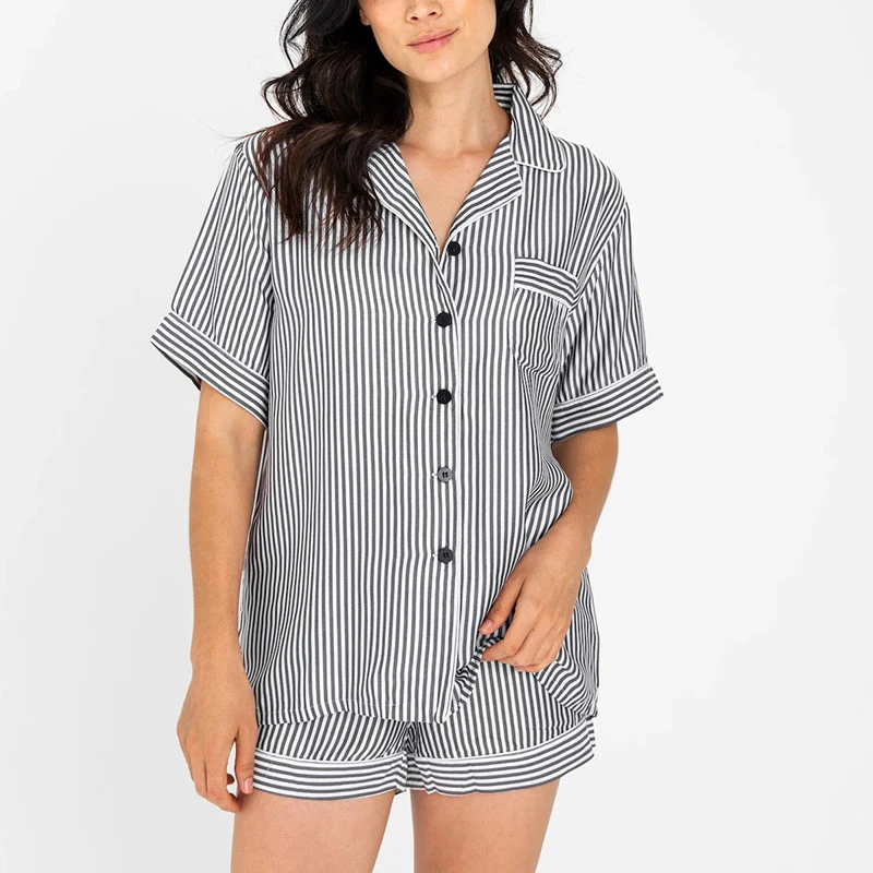 

Summer Wholesale Cotton Sleepwear Soft Touch The Striped Pajamas For Women With Pockets, Customized color