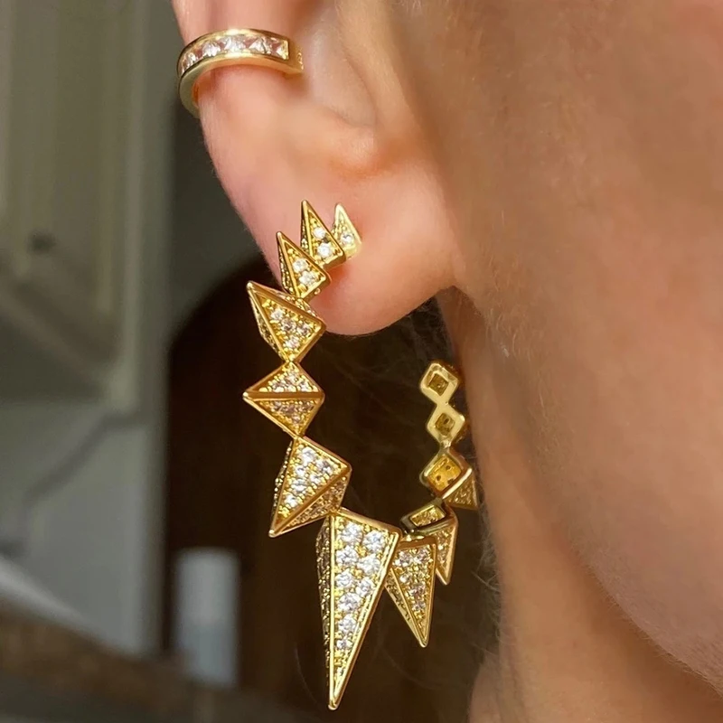 

KRKC Wholesale 2021 Luxury Custom Women Jewelry Crystal Cubic Zirconia Big Hoop Spike Statement C Geometric Earrings