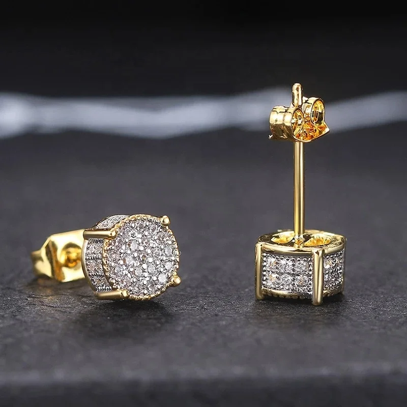 

Retro Round Stud Earrings Luxury For Men Women Gold Color Punk Jewelry Iced Out Zircon Hip Hop Women's Earring Accessories, Gold and silver