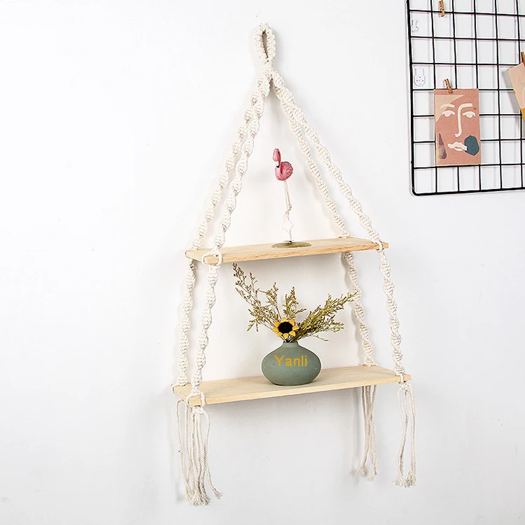 

2 tier boho decor macrame shelf Macrame Wall Hanging Shelf Handmade Cotton Rope plant hanger, White