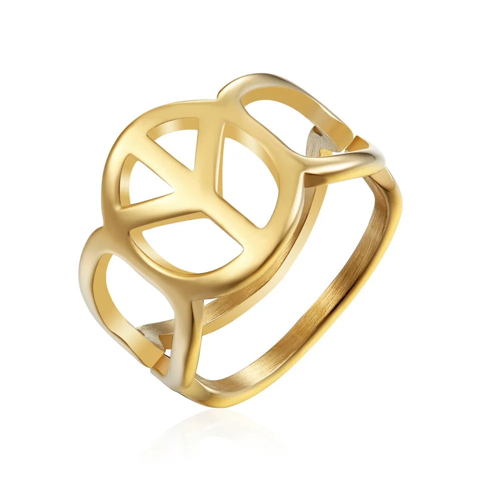 

KOMI Customized Gold Plated Stainless Steel Plane Open Hollow Peace Sign Ring Adjustable for Women