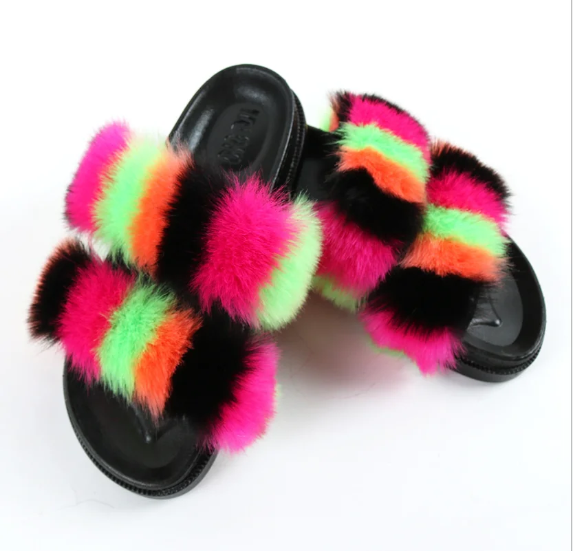 

INS HOT winter autumn Fox Fur Slippers faux fur slide sandals Custom Women Fashion double faux Fur Slides, As per customer's request