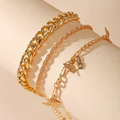 

3pcs Trendy Gold Plated Chain Butterfly Anklet Cuban Linked Chain Butterfly Ankle Bracelet Set