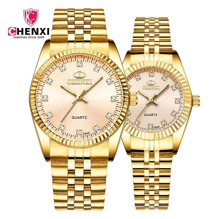 

CHENXI 004A Men & Women Crystal Diamond Gold Wristwatches Stainless Steel Strap Analog Display Watch, As picture