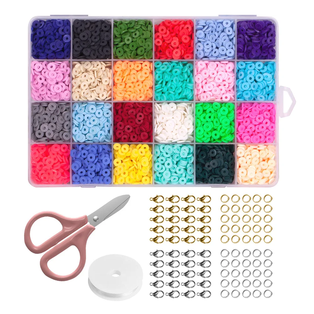 

Plastic Box Jewelry Findings Tool Accessories Set Polymer 6mm Flat Clay Spacer Bead for Ankle Bracelet Necklace DIY Making Kit, 24 colors