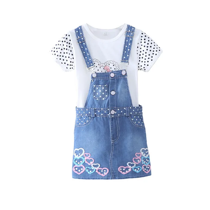 

Summer Girls Clothes Wave Dot T-Shirt Heart Strap Denim Skirt Two-Piece Set Of Baby Product From China Shop