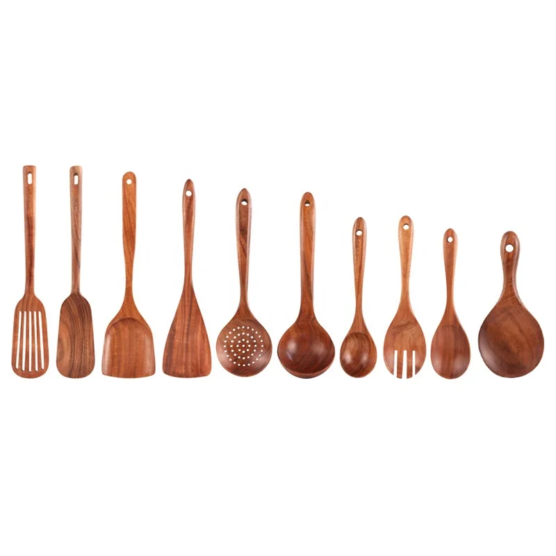 

Amazon Hot Sale Non-Stick Kitchen Cookware Teak Wooden Cooking Spoon Set, Natural