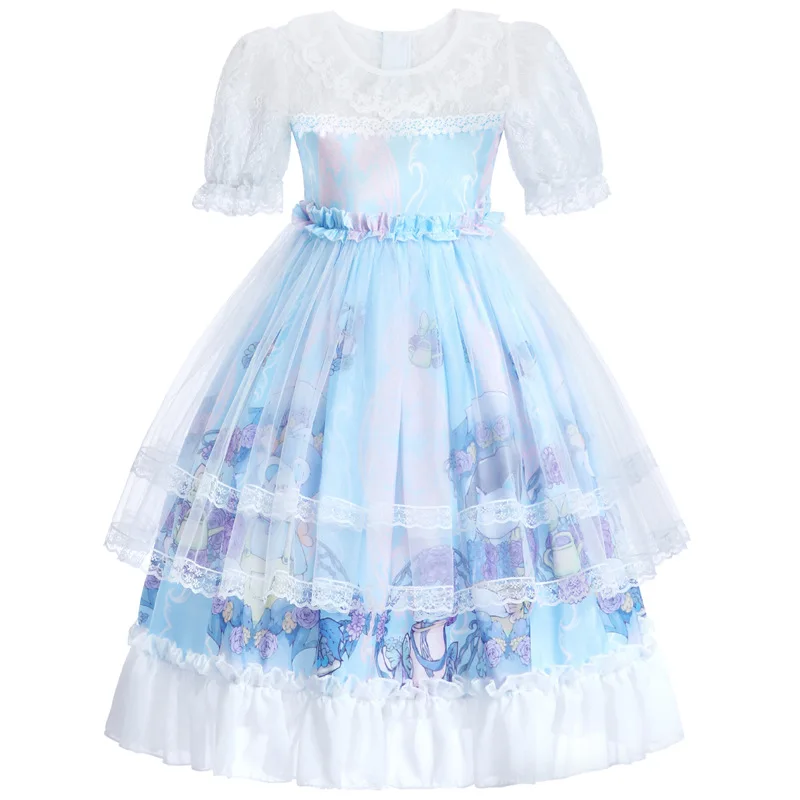 

100-150cm Suggest Height Cartoon Printed Lace Long Lolita Dress For Kid With Quality Zipper