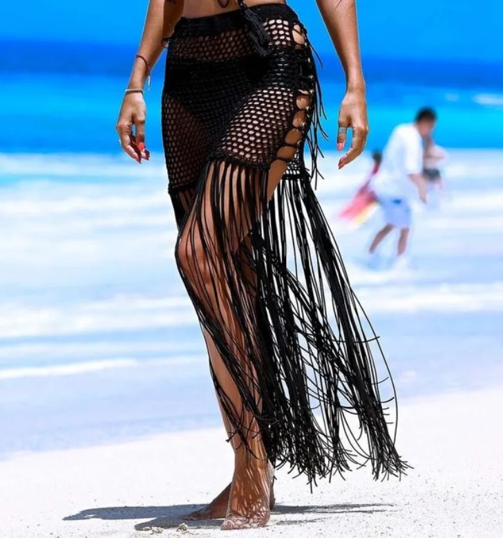 

Hot-selling Womens Swimwear Sexy Tassel Hollow Out High Slit Maxi Dress Bikini Beach Cover up, Picture shown