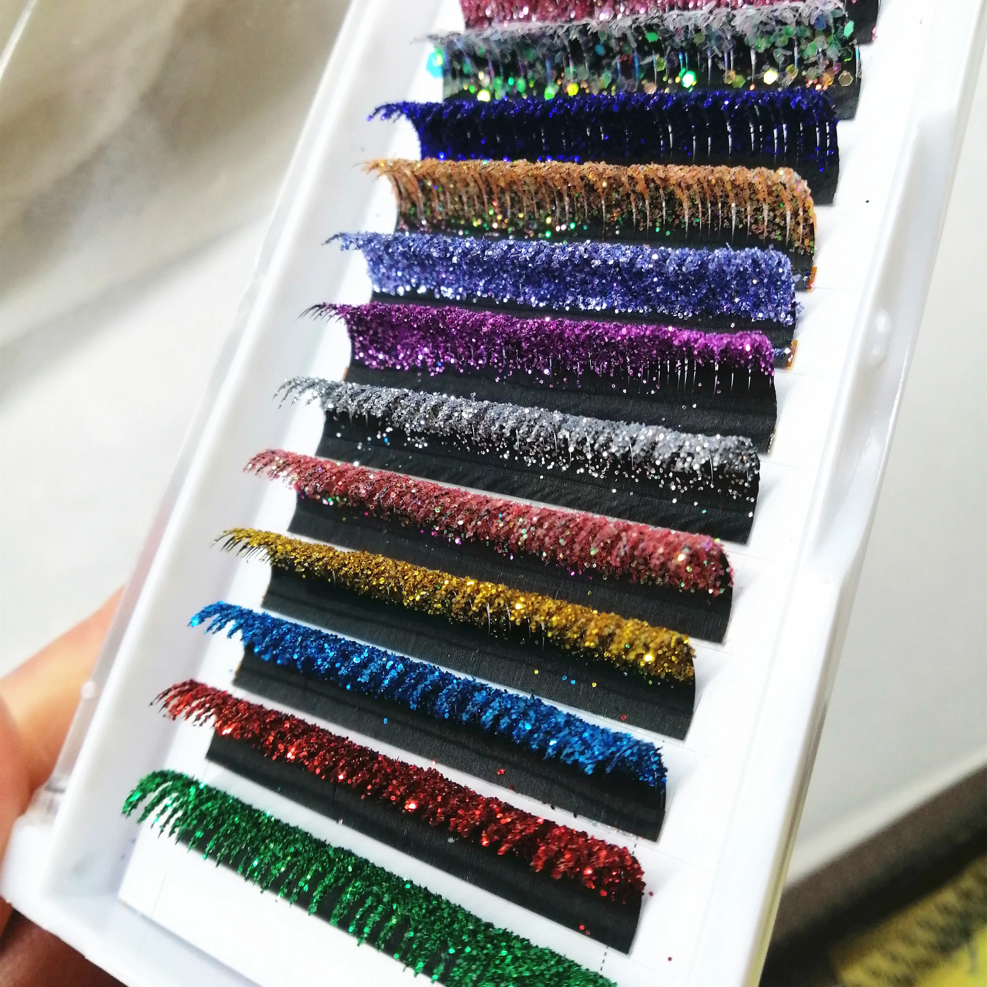 

OEM Single Lashes Mixed Color Glitter Lash Trays Individual Glitter Eyelash Extension, 16 colors