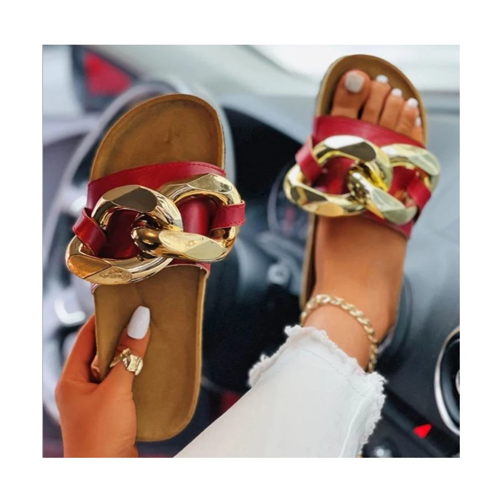 

2021 Summer large open toe women's sandals cool drag metal chain flat bottom thick sole slippers for women outdoor sandals, Customizable