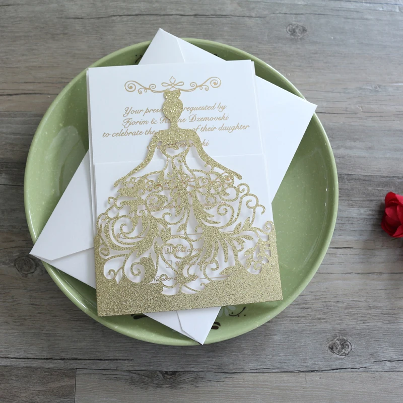 

Wholesale Laser Cut Quinceanera Wedding Invitation Card With gold Glitter Paper