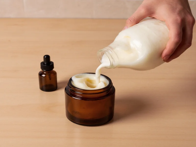 Hand pouring creamy lotion into amber glass jar during DIY process