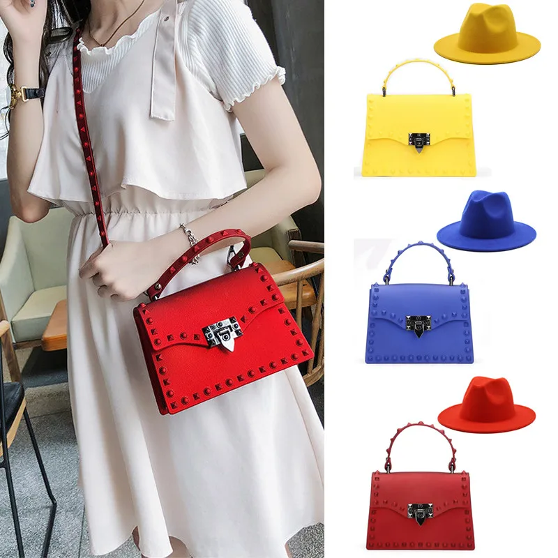 

Summer hot sale PVC women handbag fashion designer ladies shoulder bags luxury lock candy colors jelly purse and hat set, 11colors