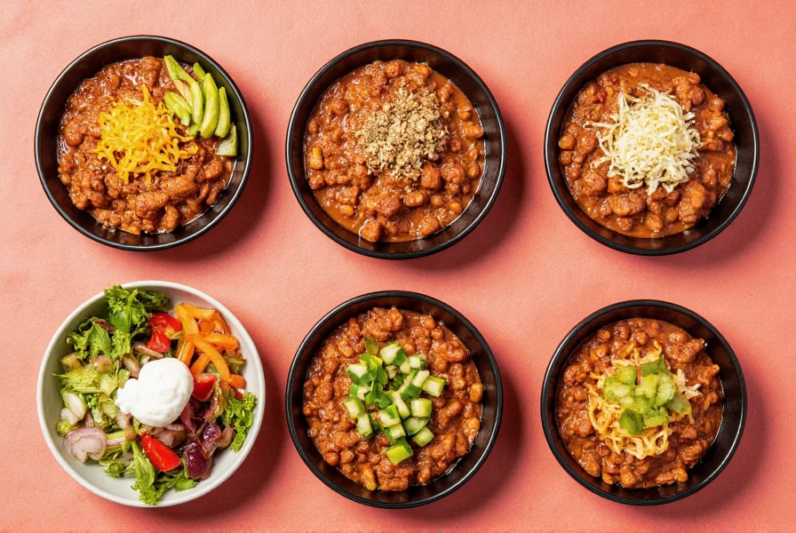 Various serving styles of spend with pennies chili with different toppings and side dishes